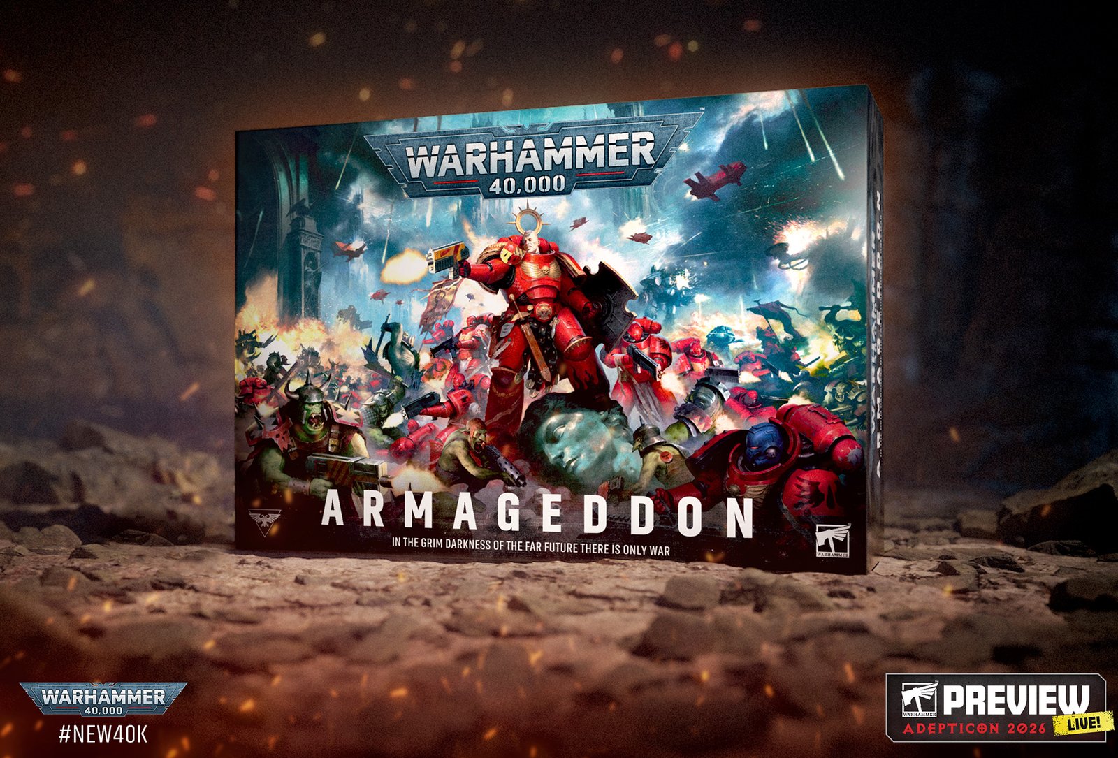 The Warhammer 40,000 Armageddon launch box, showing a Space Marine standing atop a pile of dead Orks
