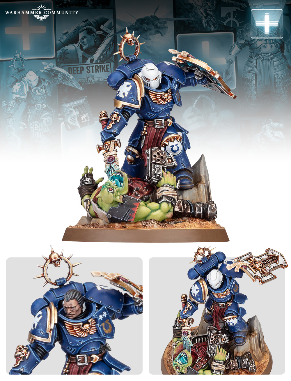 The Wrath of Macragge miniature, a Bladeguard Veteran driving his sword down into a fallen Ork
