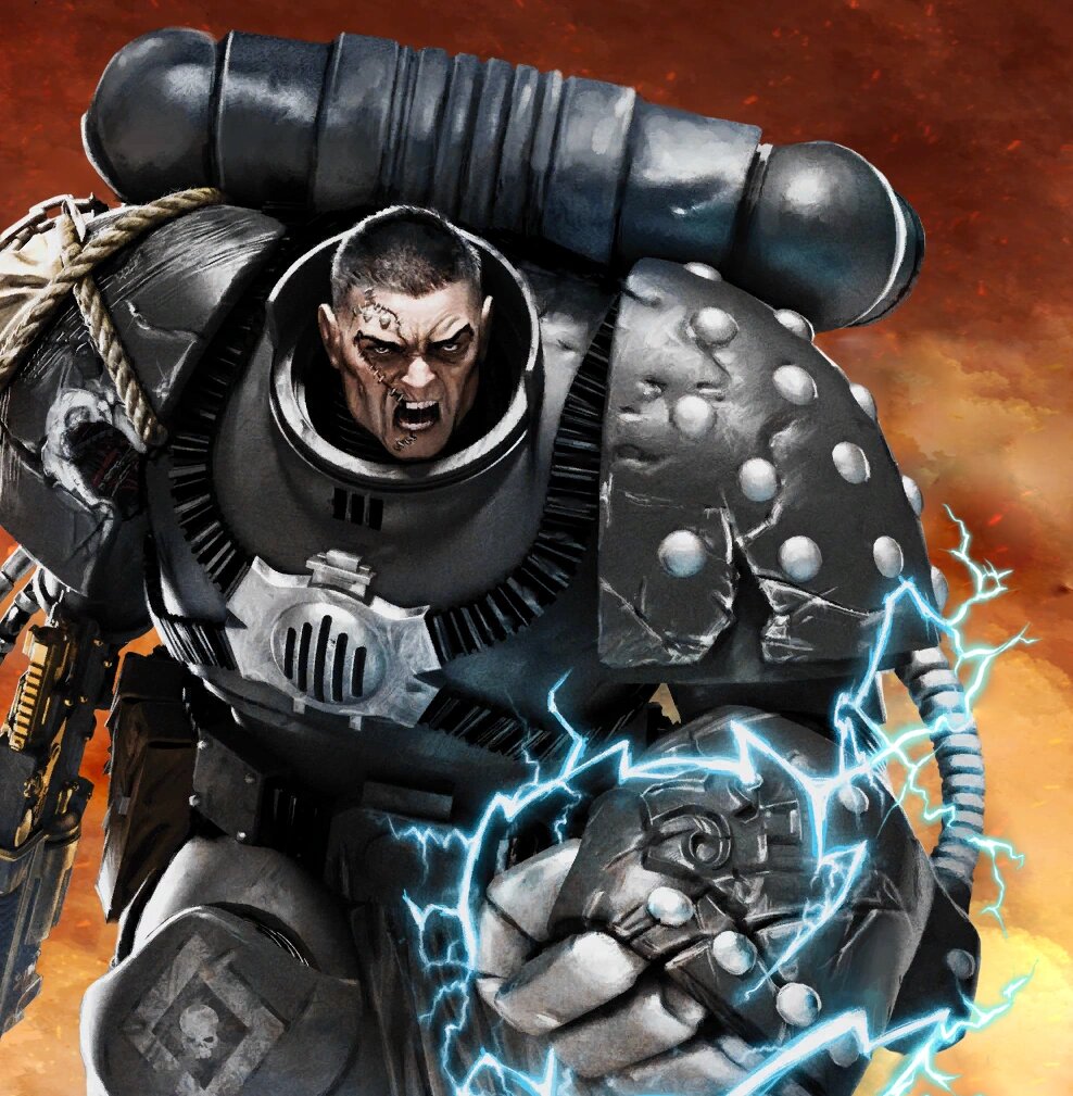 Endryd Haar, the Riven Hound, in blackened Terminator plate with a crackling power fist