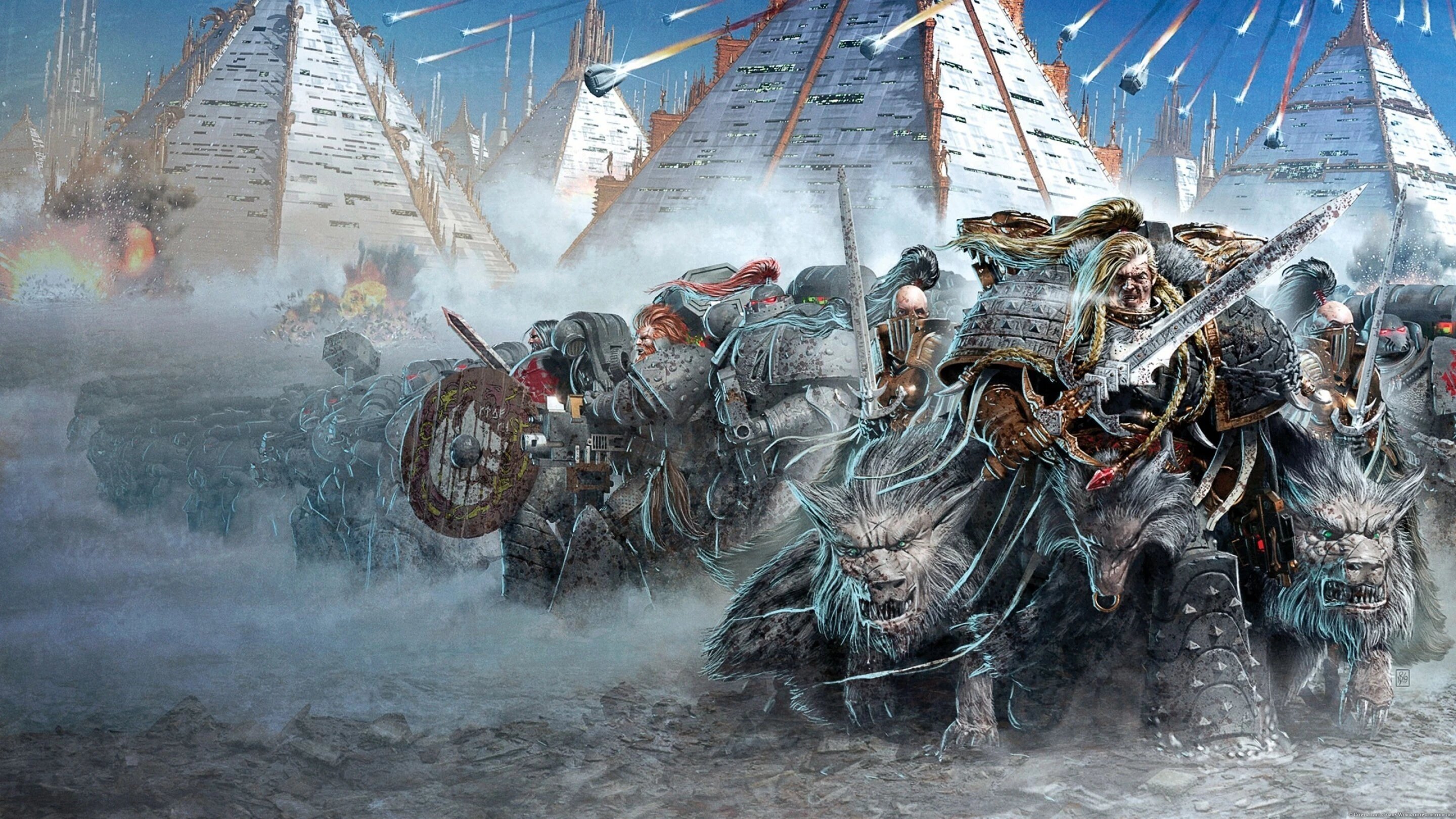 Space Wolves assault the pyramid-spires of Prospero during the Burning